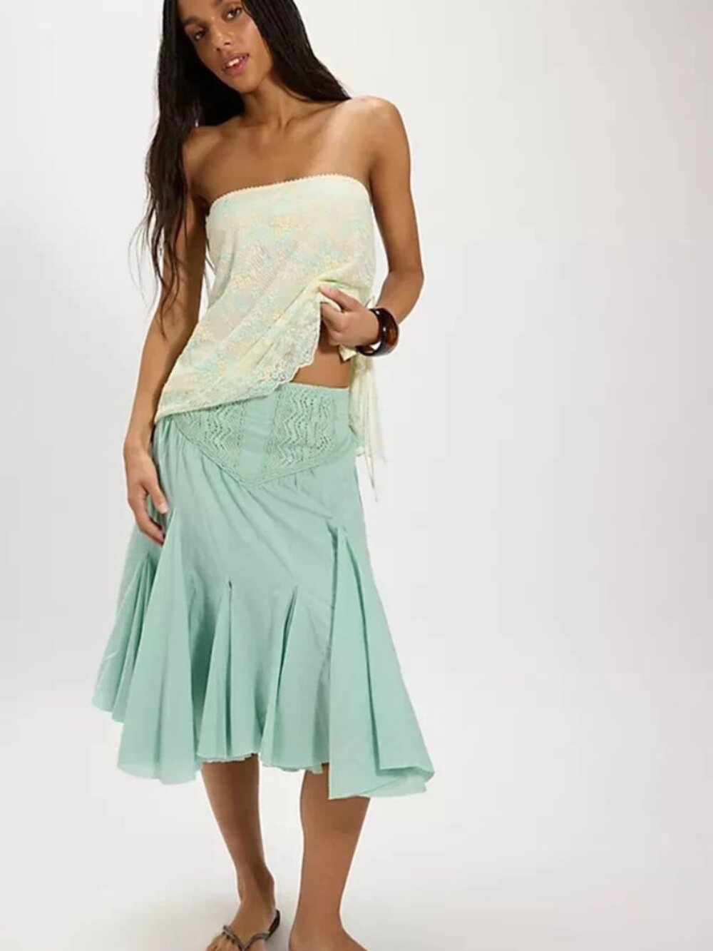 Free People FP One Frida Godet Midi Skirt Cameo Green Embroidered L